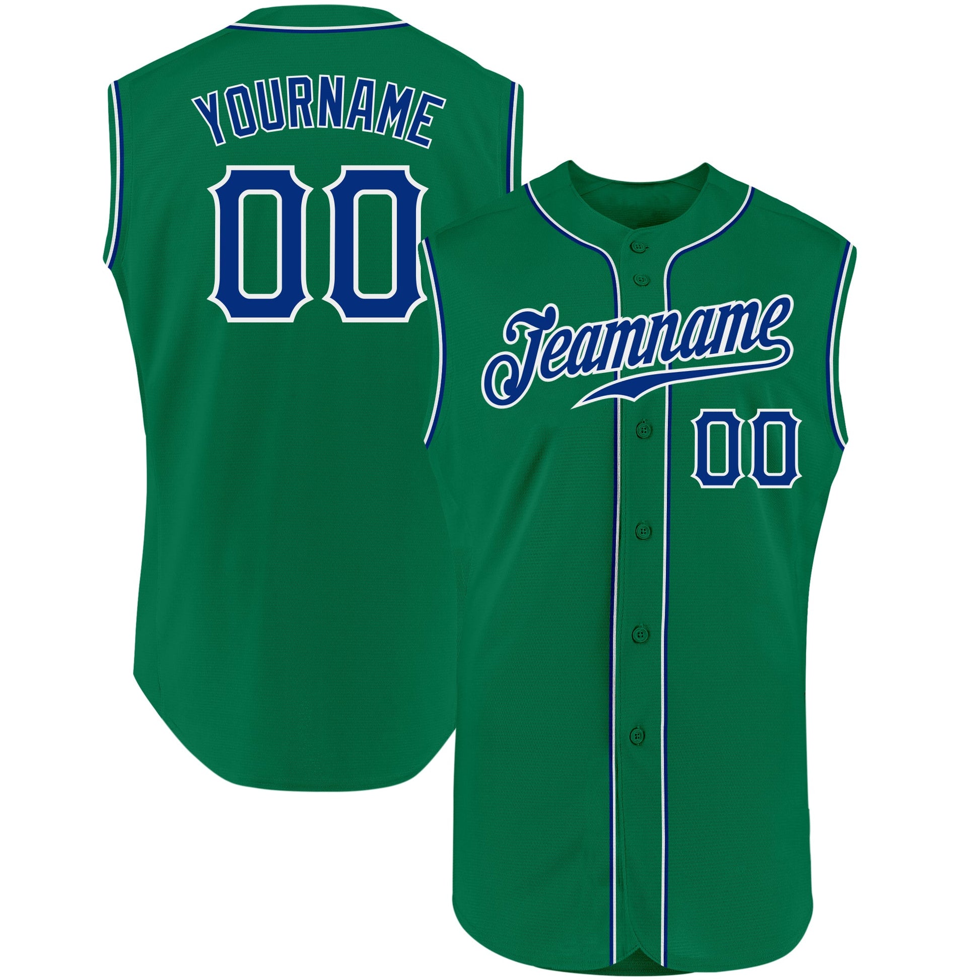 Custom Kelly Green Royal-White Authentic Sleeveless Baseball Jersey - Main View