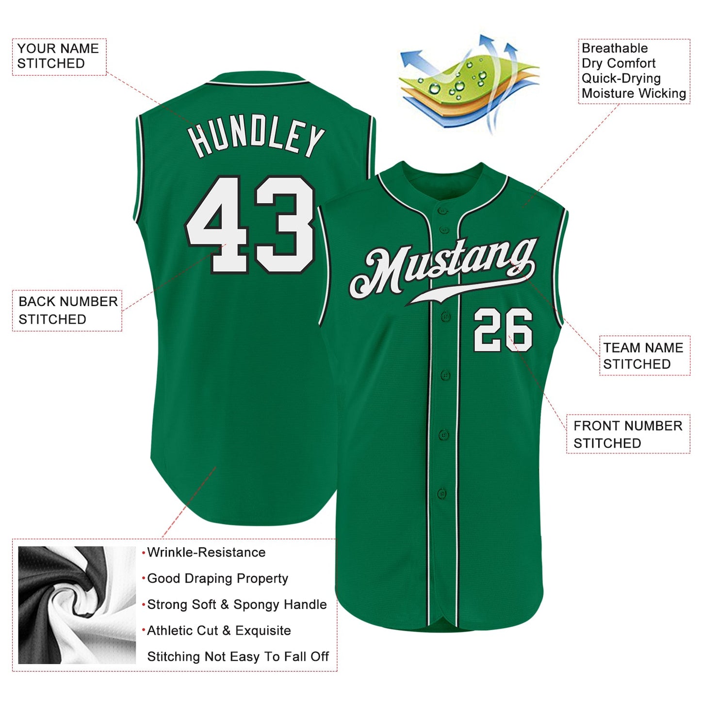 Custom Kelly Green White-Black Authentic Sleeveless Baseball Jersey view 2