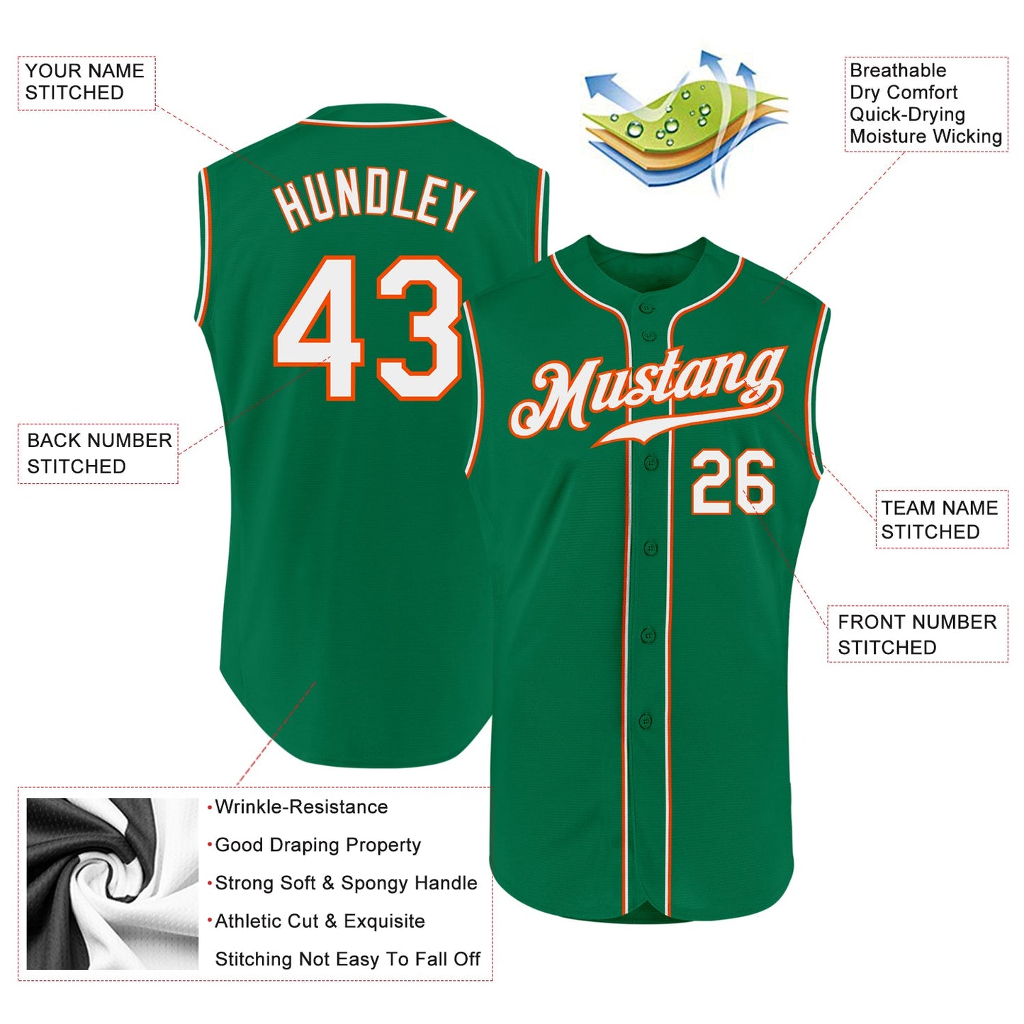 Custom Kelly Green White-Orange Authentic Sleeveless Baseball Jersey view 2