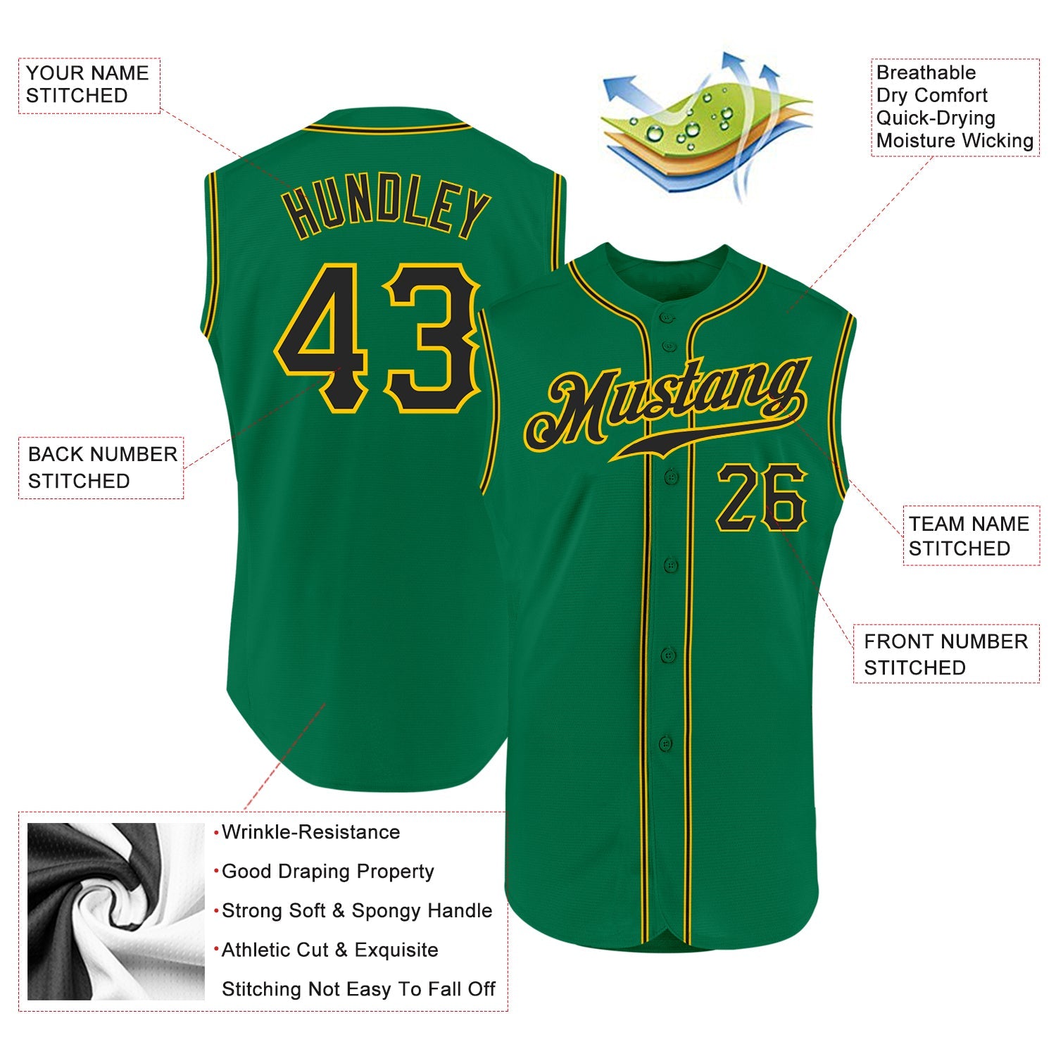 Custom Kelly Green Black-Gold Authentic Sleeveless Baseball Jersey view 2