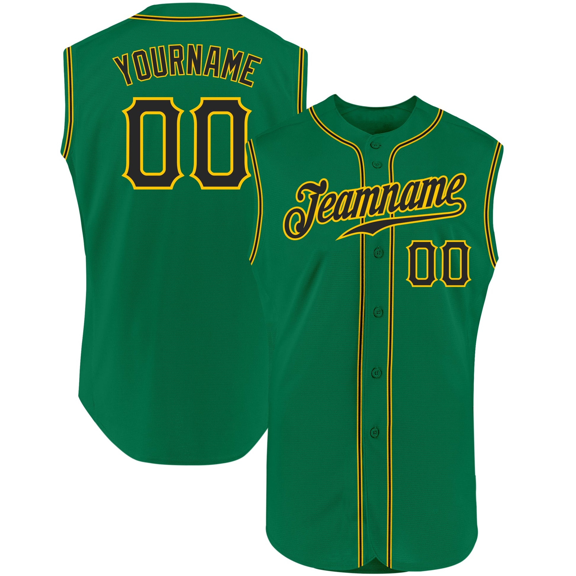 Custom Kelly Green Black-Gold Authentic Sleeveless Baseball Jersey - Main View