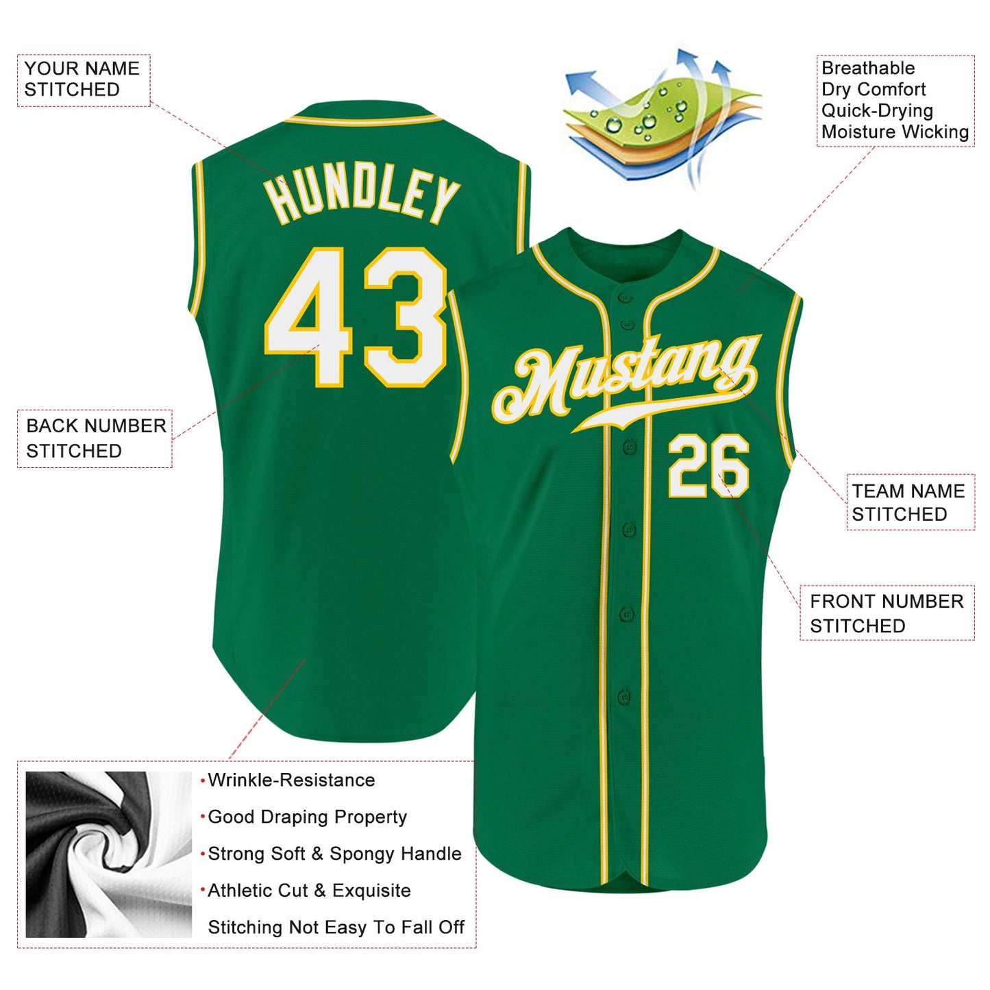 Custom Kelly Green White-Gold Authentic Sleeveless Baseball Jersey view 2