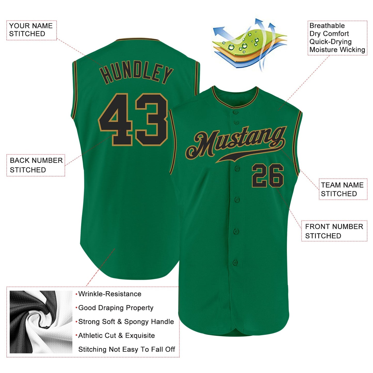 Custom Kelly Green Black-Old Gold Authentic Sleeveless Baseball Jersey view 2