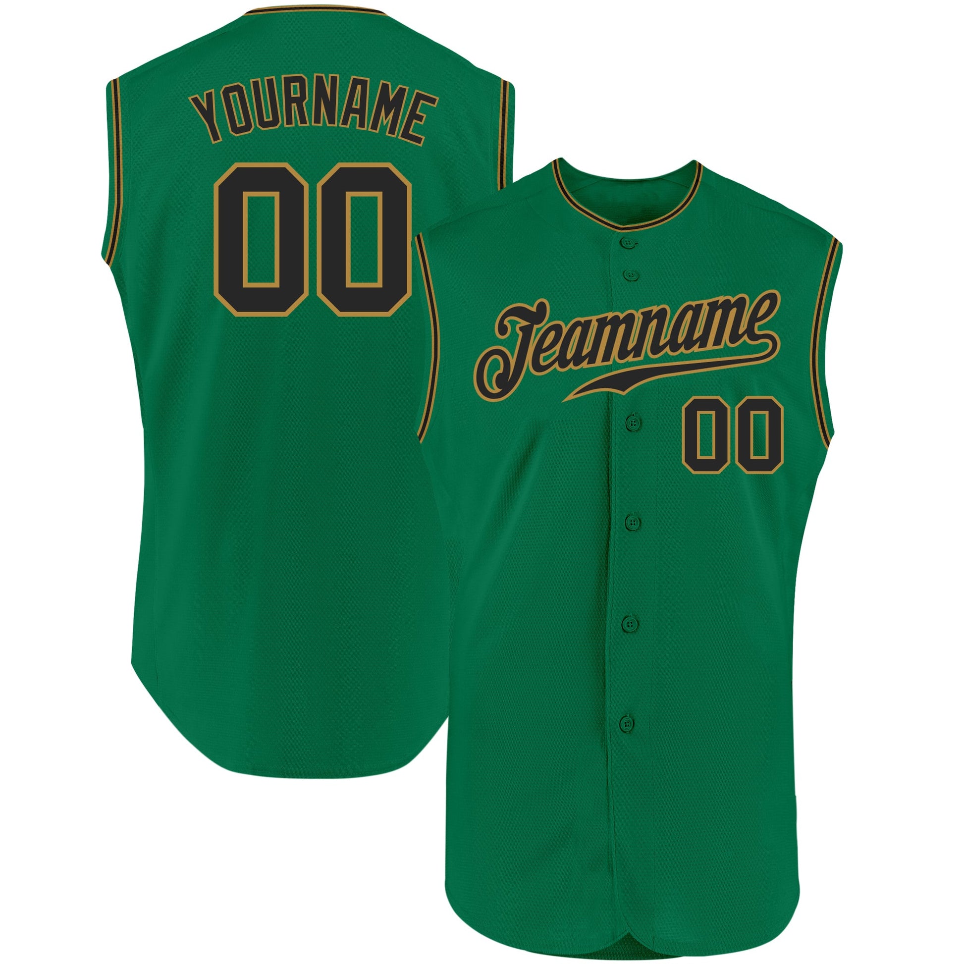 Custom Kelly Green Black-Old Gold Authentic Sleeveless Baseball Jersey - Main View