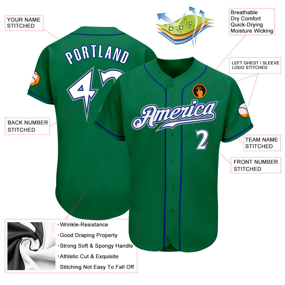 Custom Kelly Green White-Royal Authentic Baseball Jersey view 4