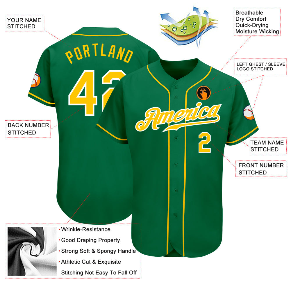 Custom Kelly Green Gold-White Authentic Baseball Jersey view 3