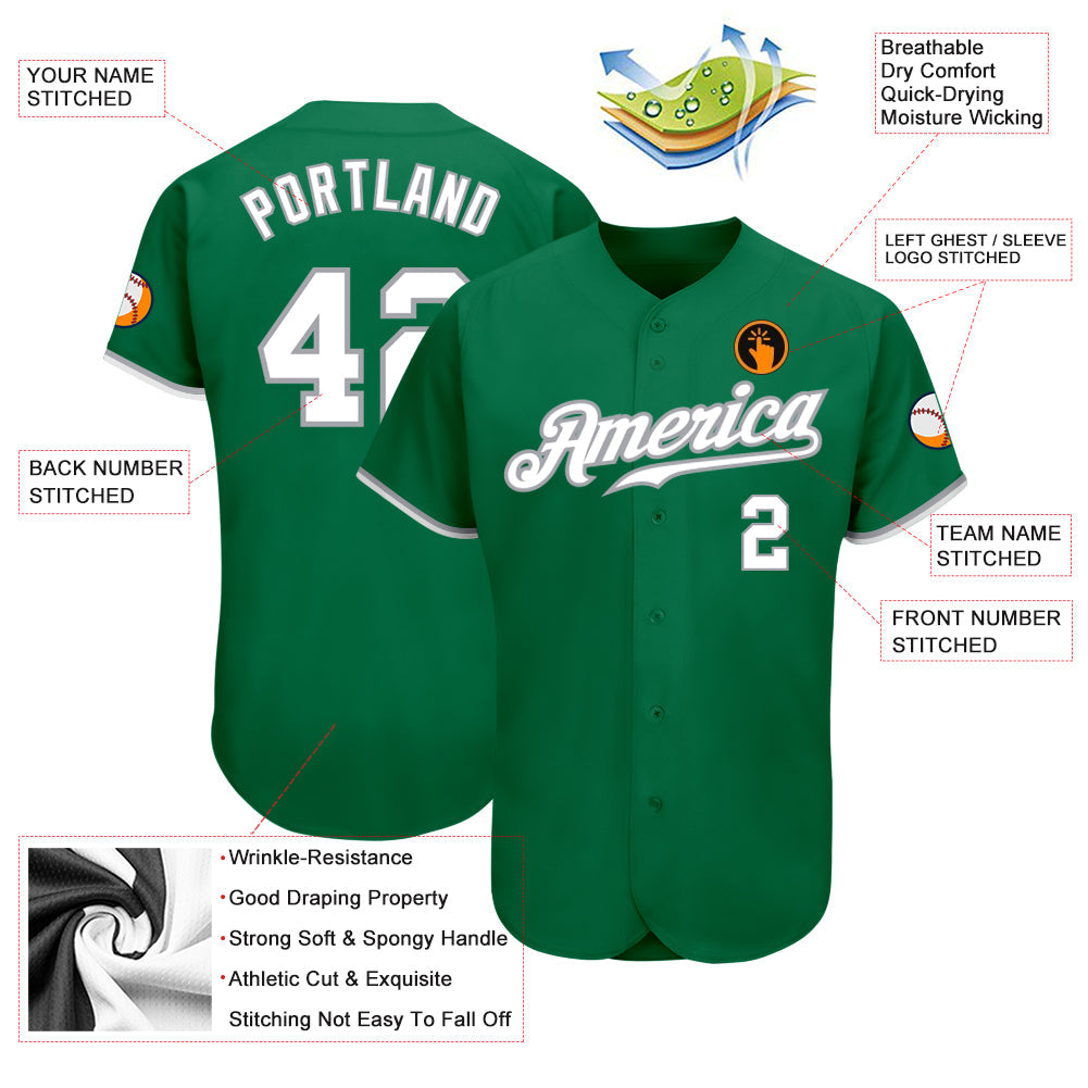 Custom Kelly Green White-Gray Authentic Baseball Jersey view 3