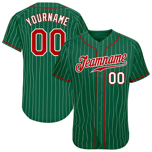 Custom Kelly Green White Pinstripe Red-White Authentic Baseball Jersey - Main View