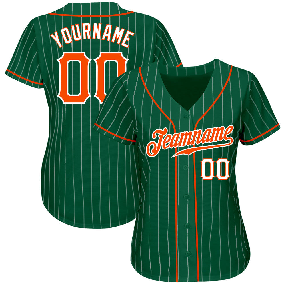 Custom Kelly Green White Pinstripe Orange-White Authentic Baseball Jersey view 2