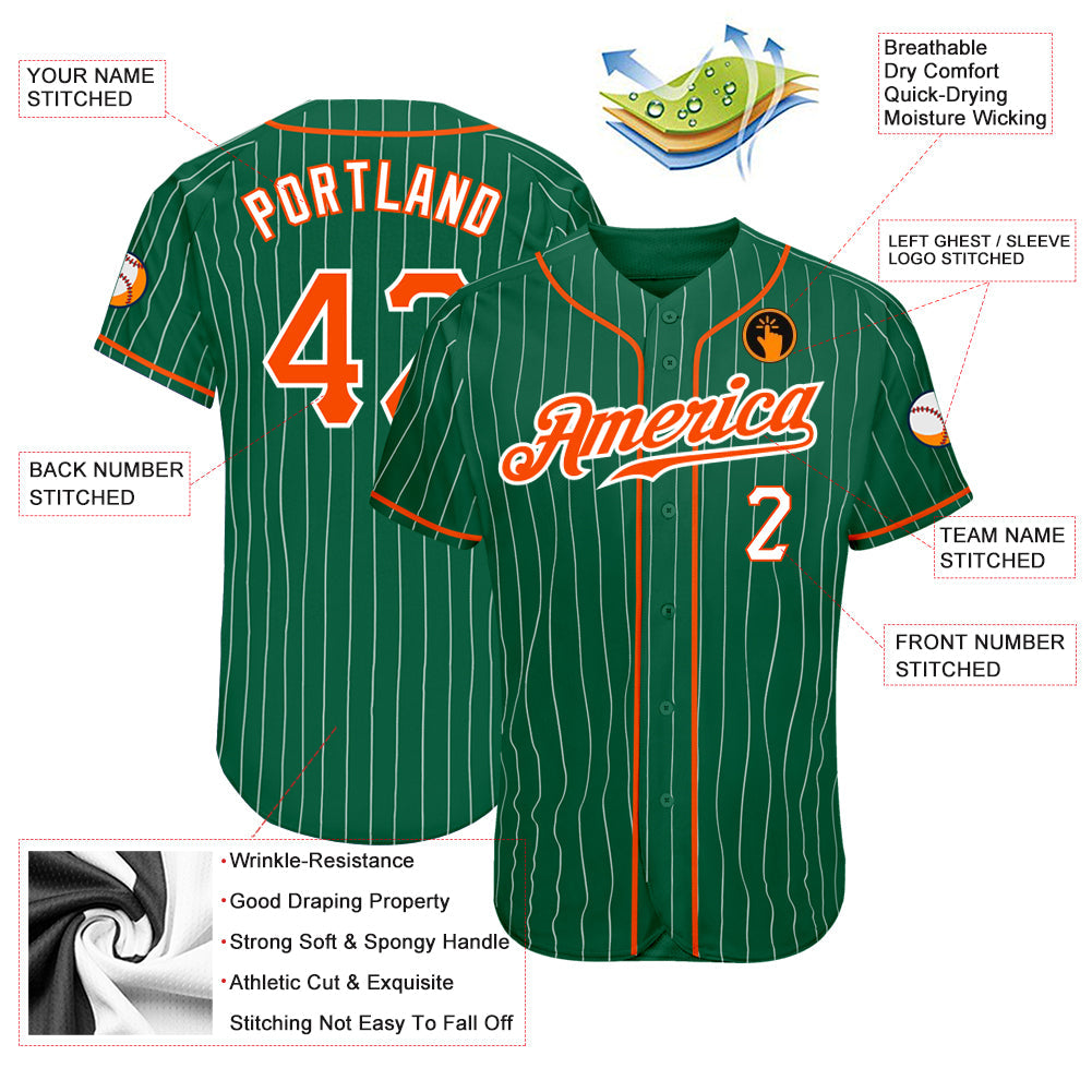 Custom Kelly Green White Pinstripe Orange-White Authentic Baseball Jersey view 3