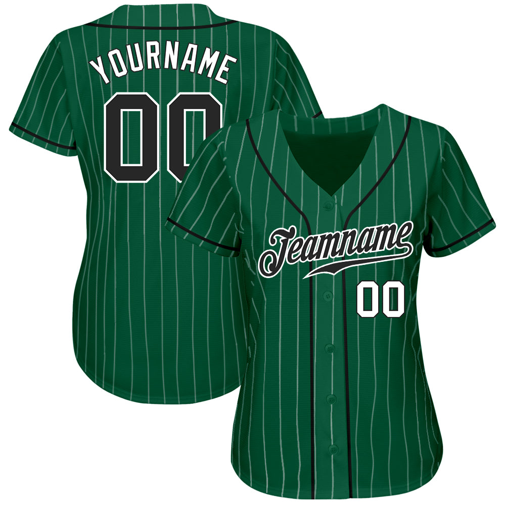 Custom Kelly Green White Pinstripe Black-White Authentic Baseball Jersey view 2