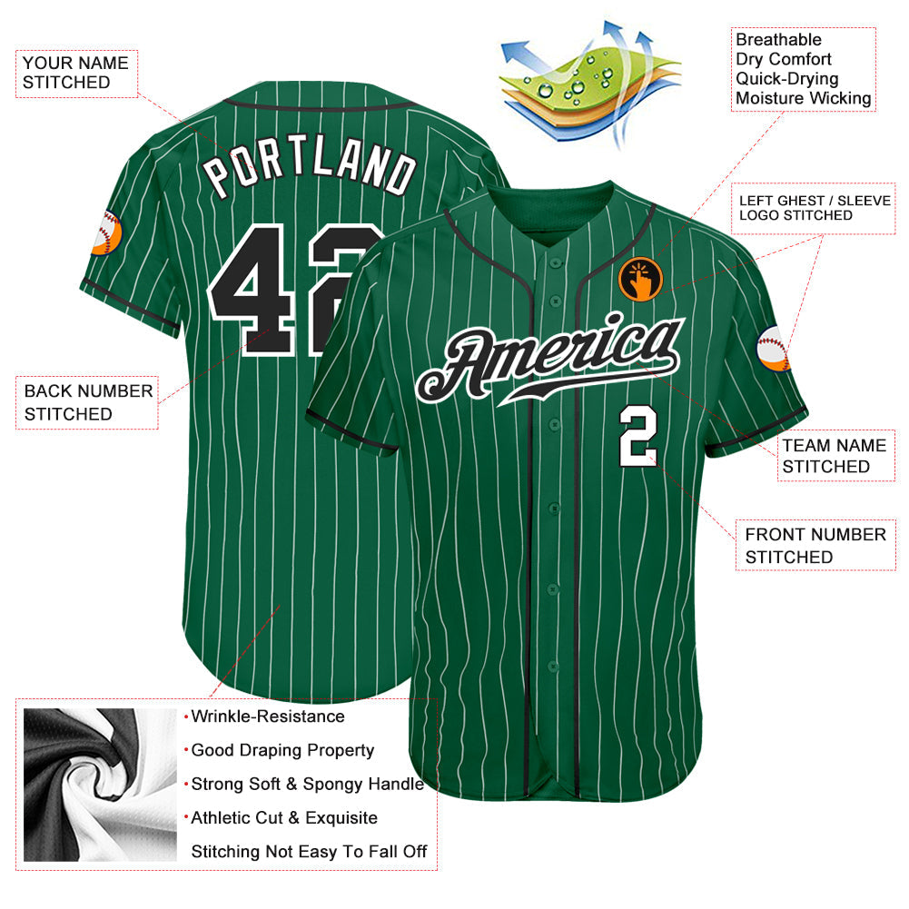 Custom Kelly Green White Pinstripe Black-White Authentic Baseball Jersey view 3