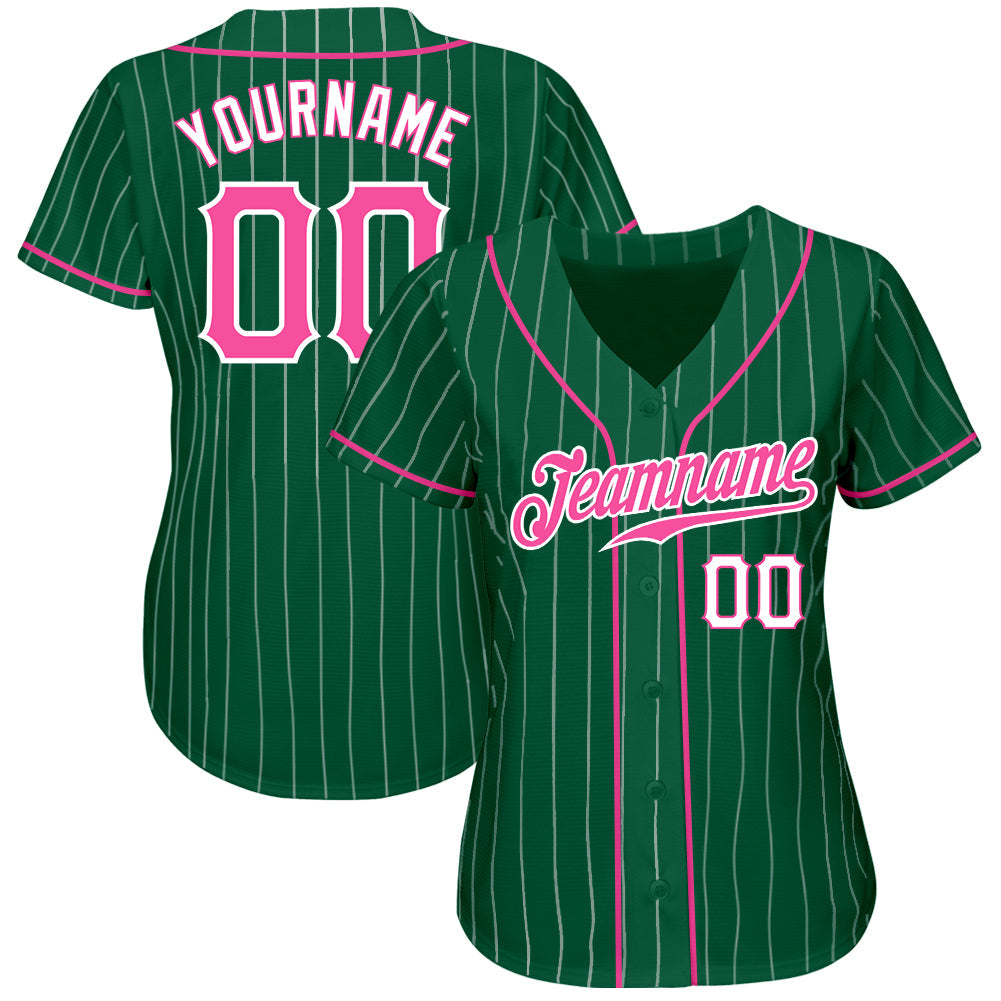 Custom Kelly Green White Pinstripe Pink-White Authentic Baseball Jersey view 2