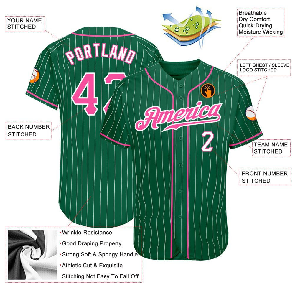 Custom Kelly Green White Pinstripe Pink-White Authentic Baseball Jersey view 3