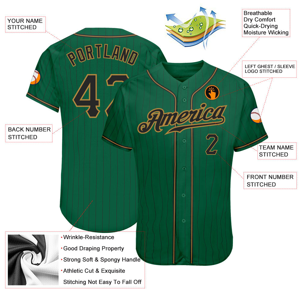 Custom Kelly Green Black Pinstripe Black-Old Gold Authentic Baseball Jersey view 3