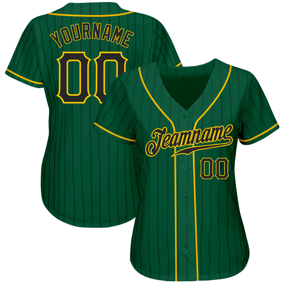 Custom Kelly Green Black Pinstripe Black-Gold Authentic Baseball Jersey view 2