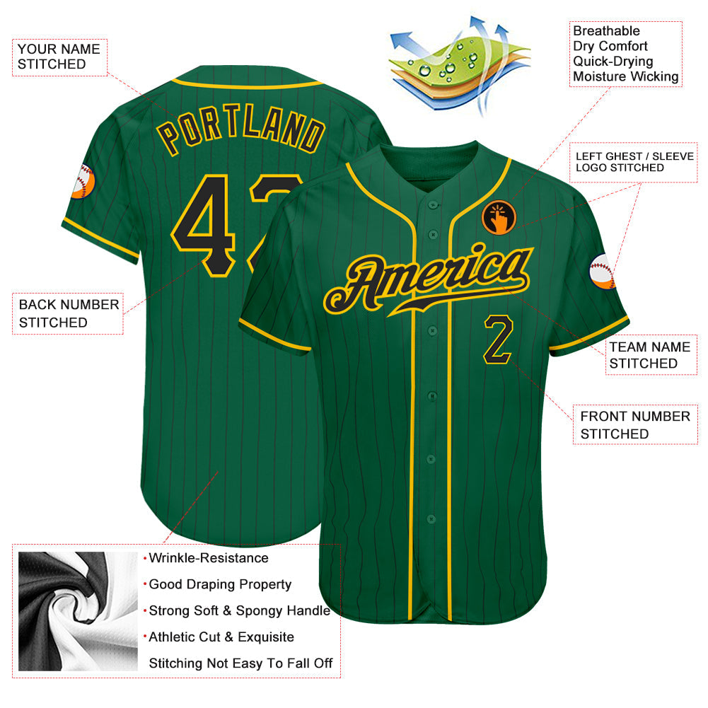 Custom Kelly Green Black Pinstripe Black-Gold Authentic Baseball Jersey view 3