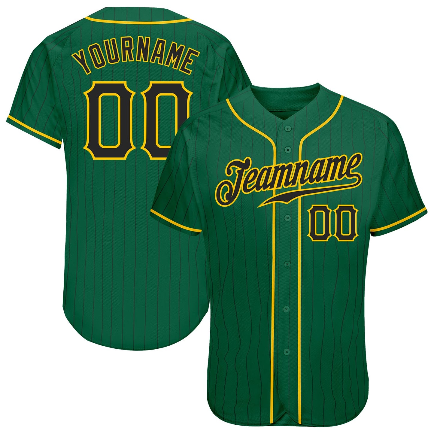 Custom Kelly Green Black Pinstripe Black-Gold Authentic Baseball Jersey - Main View