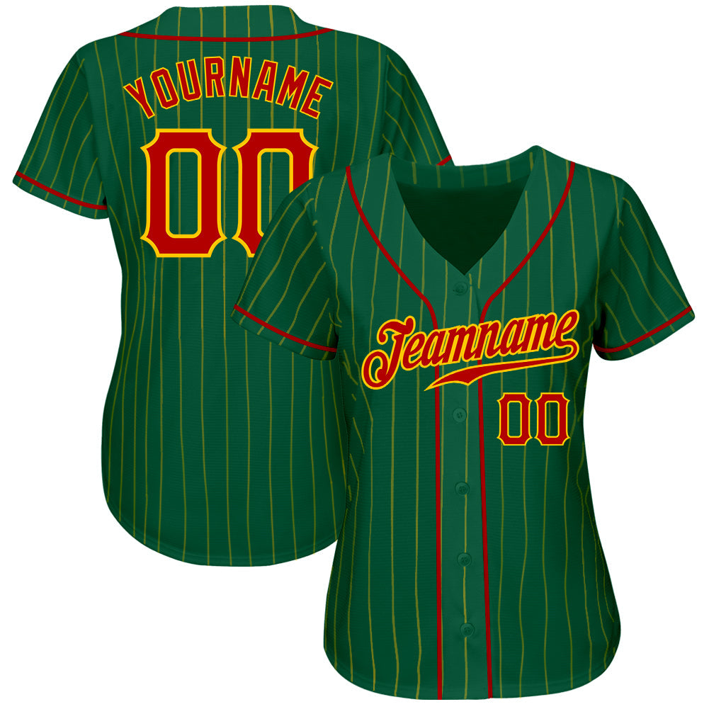 Custom Kelly Green Gold Pinstripe Red-Gold Authentic Baseball Jersey view 2