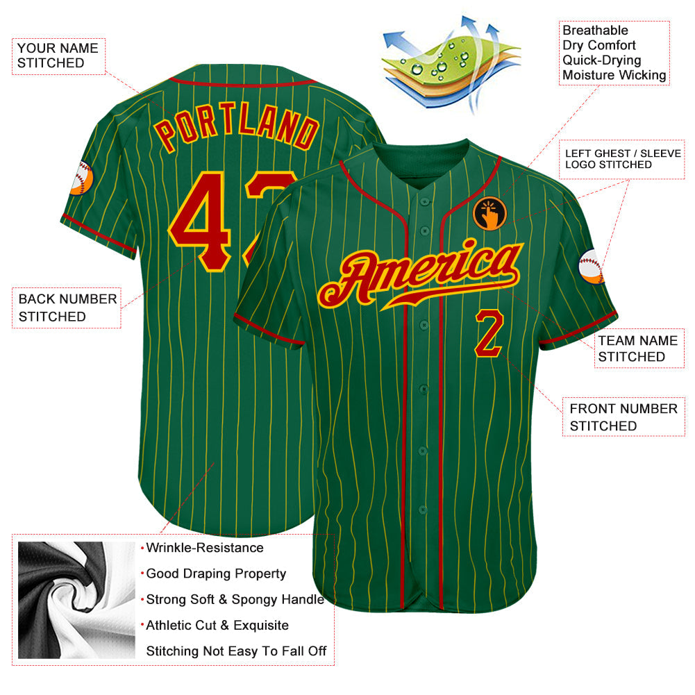 Custom Kelly Green Gold Pinstripe Red-Gold Authentic Baseball Jersey view 3