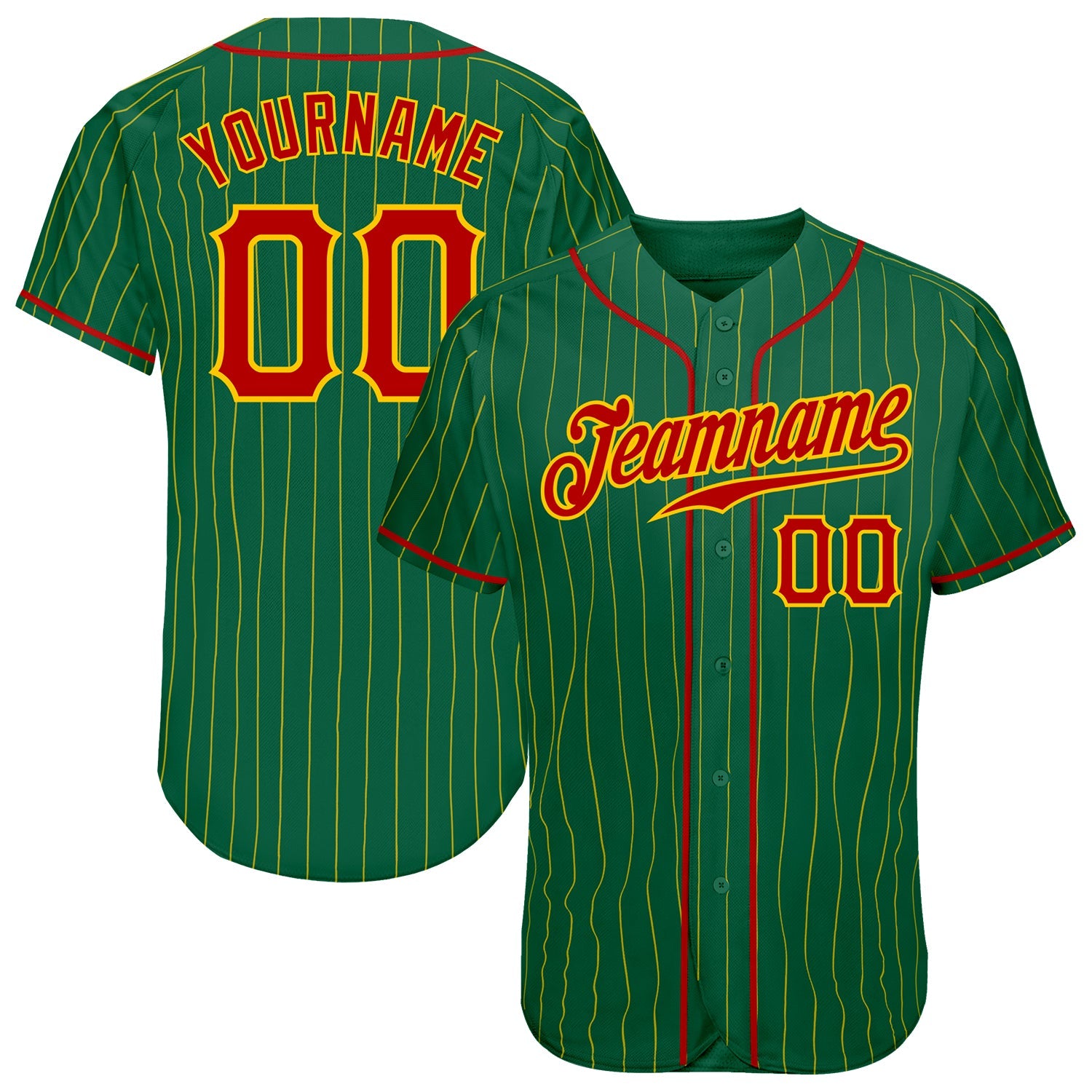 Custom Kelly Green Gold Pinstripe Red-Gold Authentic Baseball Jersey - Main View