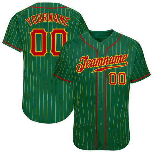 Custom Kelly Green Gold Pinstripe Red-Gold Authentic Baseball Jersey - Main View