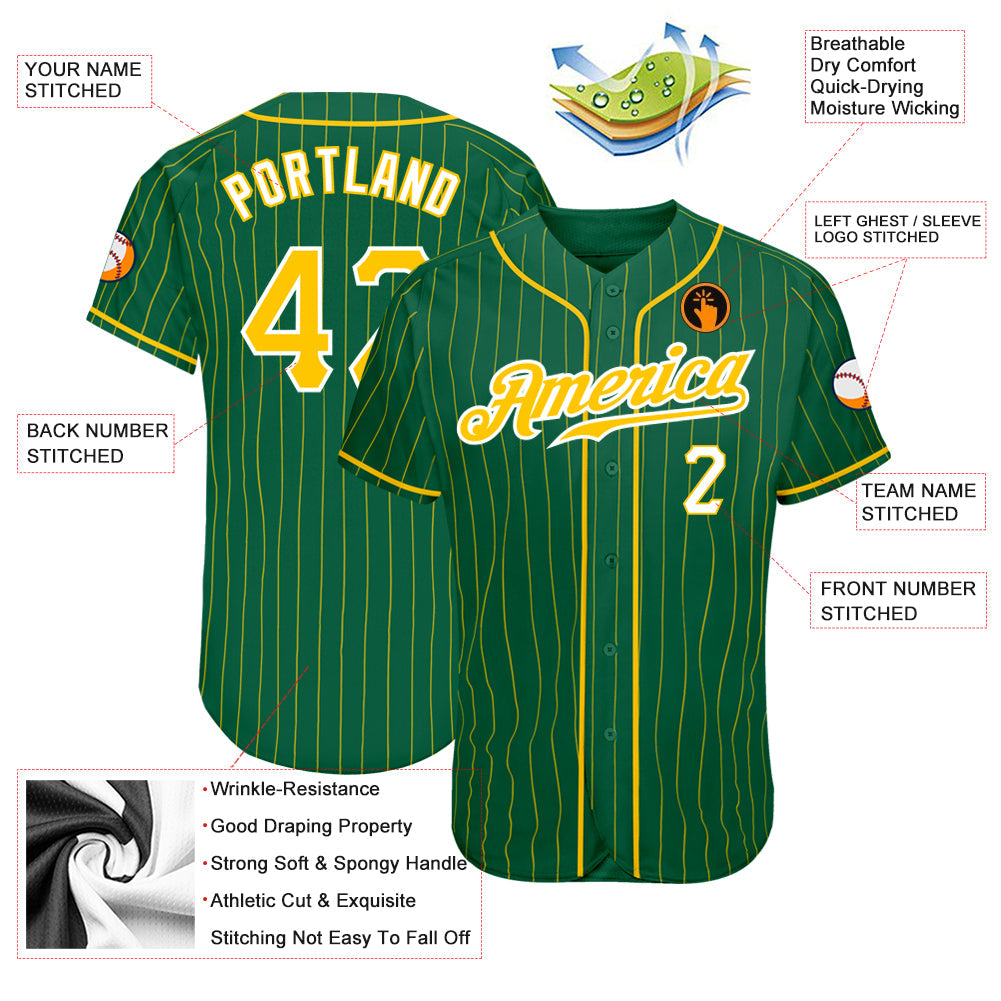 Custom Kelly Green Gold Pinstripe Gold-White Authentic Baseball Jersey view 3