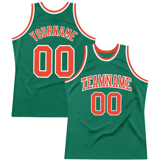 Custom Kelly Green Orange-White Authentic Throwback Basketball Jersey - Main View