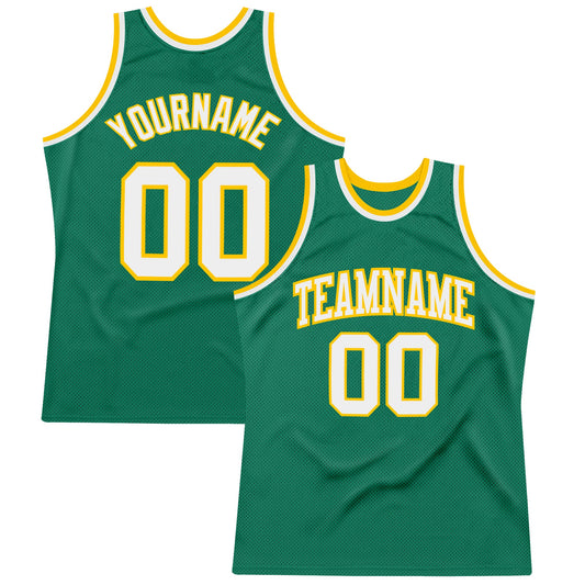 Custom Kelly Green White-Gold Authentic Throwback Basketball Jersey - Main View