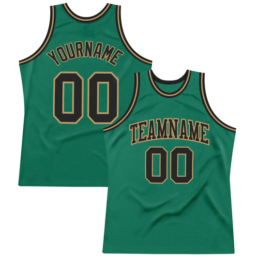 Custom Kelly Green Black-Old Gold Authentic Throwback Basketball Jersey - Main View