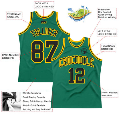 Custom Kelly Green Black-Gold Authentic Throwback Basketball Jersey view 2
