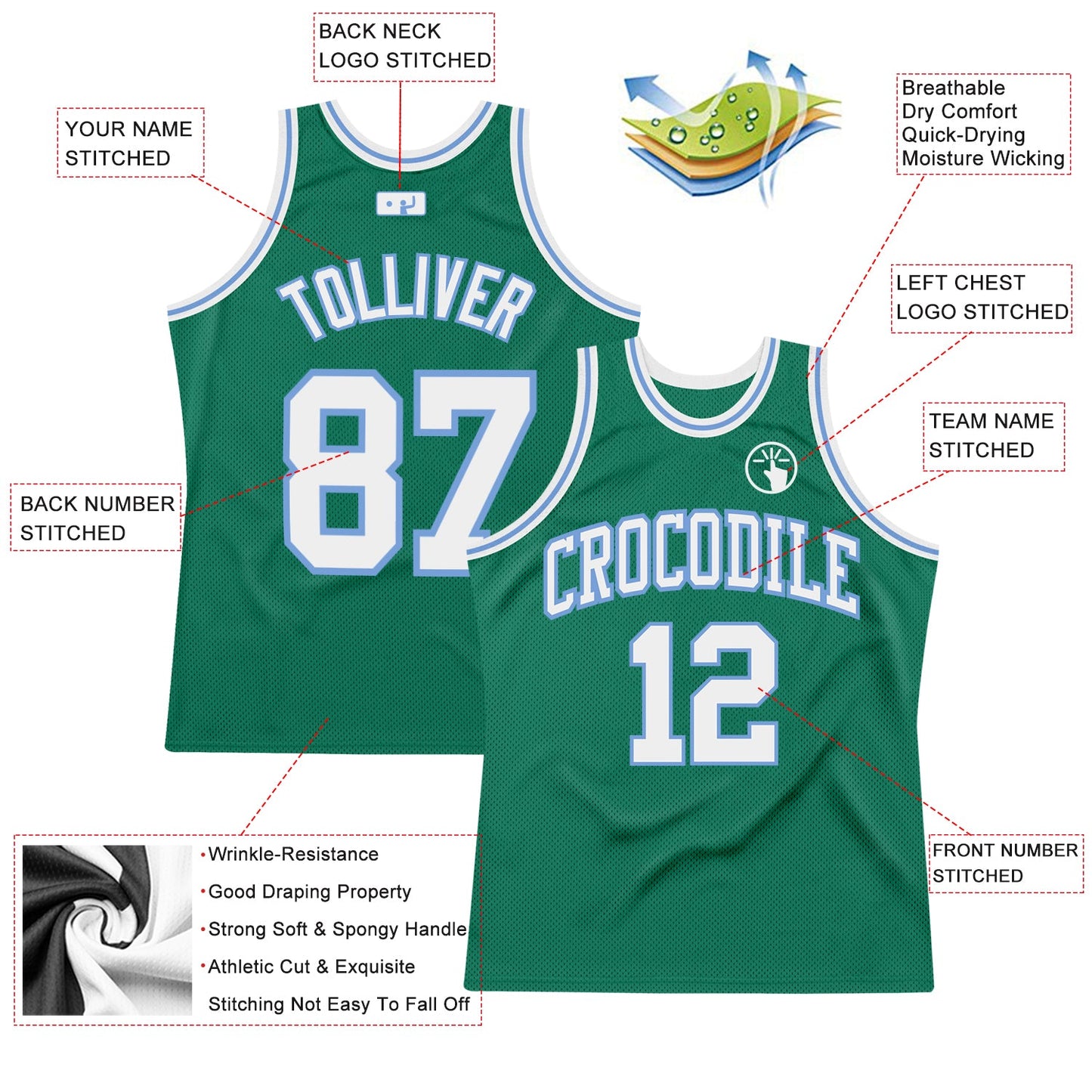 Custom Kelly Green White-Light Blue Authentic Throwback Basketball Jersey view 2