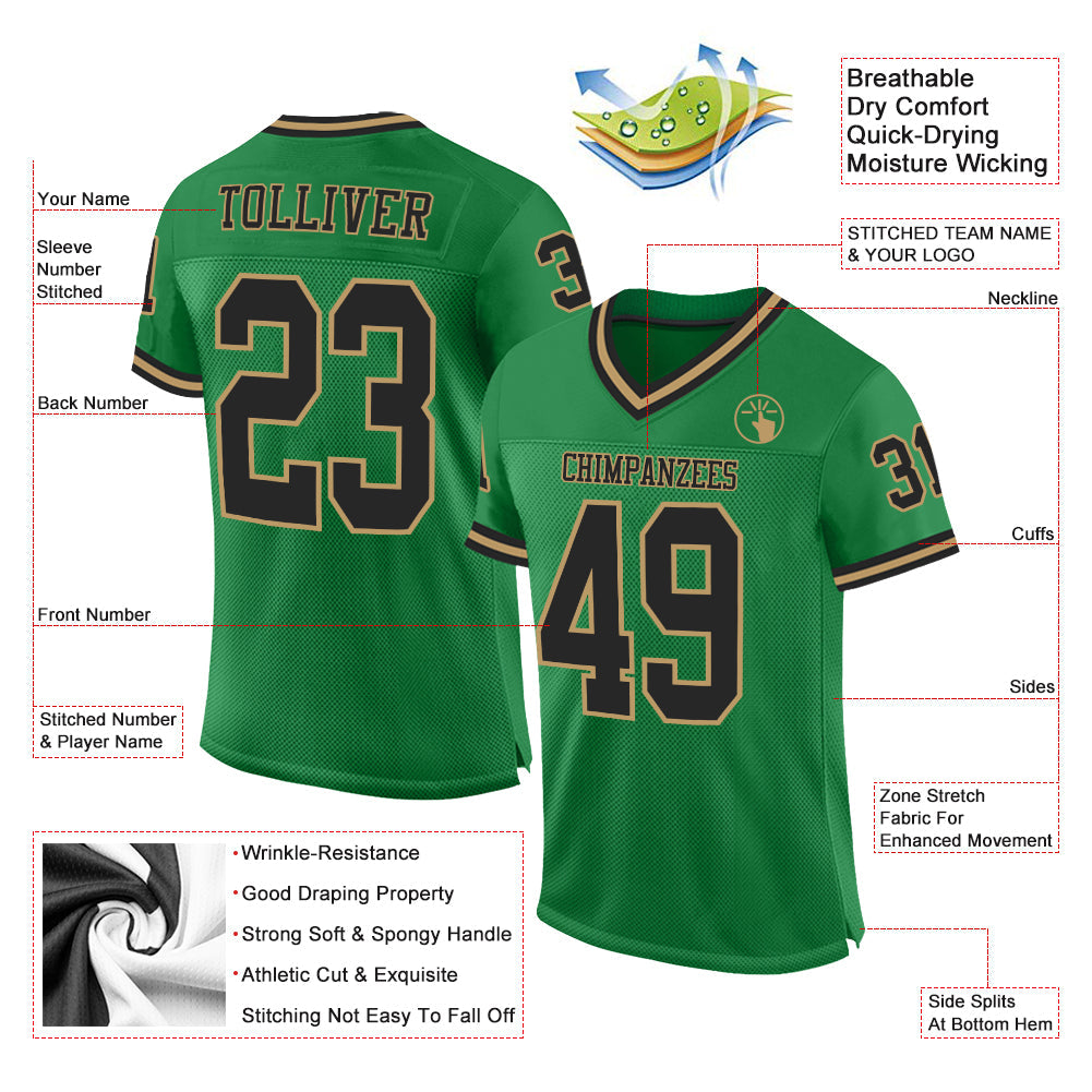 Custom Grass Green Black-Old Gold Mesh Authentic Throwback Football Jersey view 2