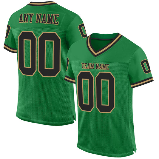 Custom Grass Green Black-Old Gold Mesh Authentic Throwback Football Jersey - Main View