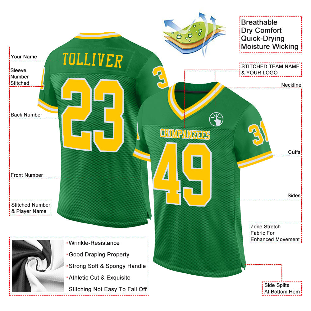 Custom Grass Green Gold-White Mesh Authentic Throwback Football Jersey view 2