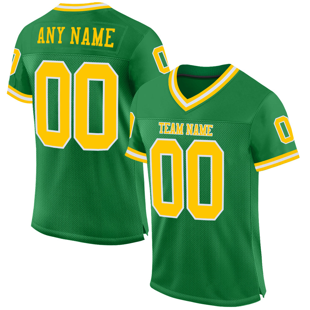 Custom Grass Green Gold-White Mesh Authentic Throwback Football Jersey - Main View