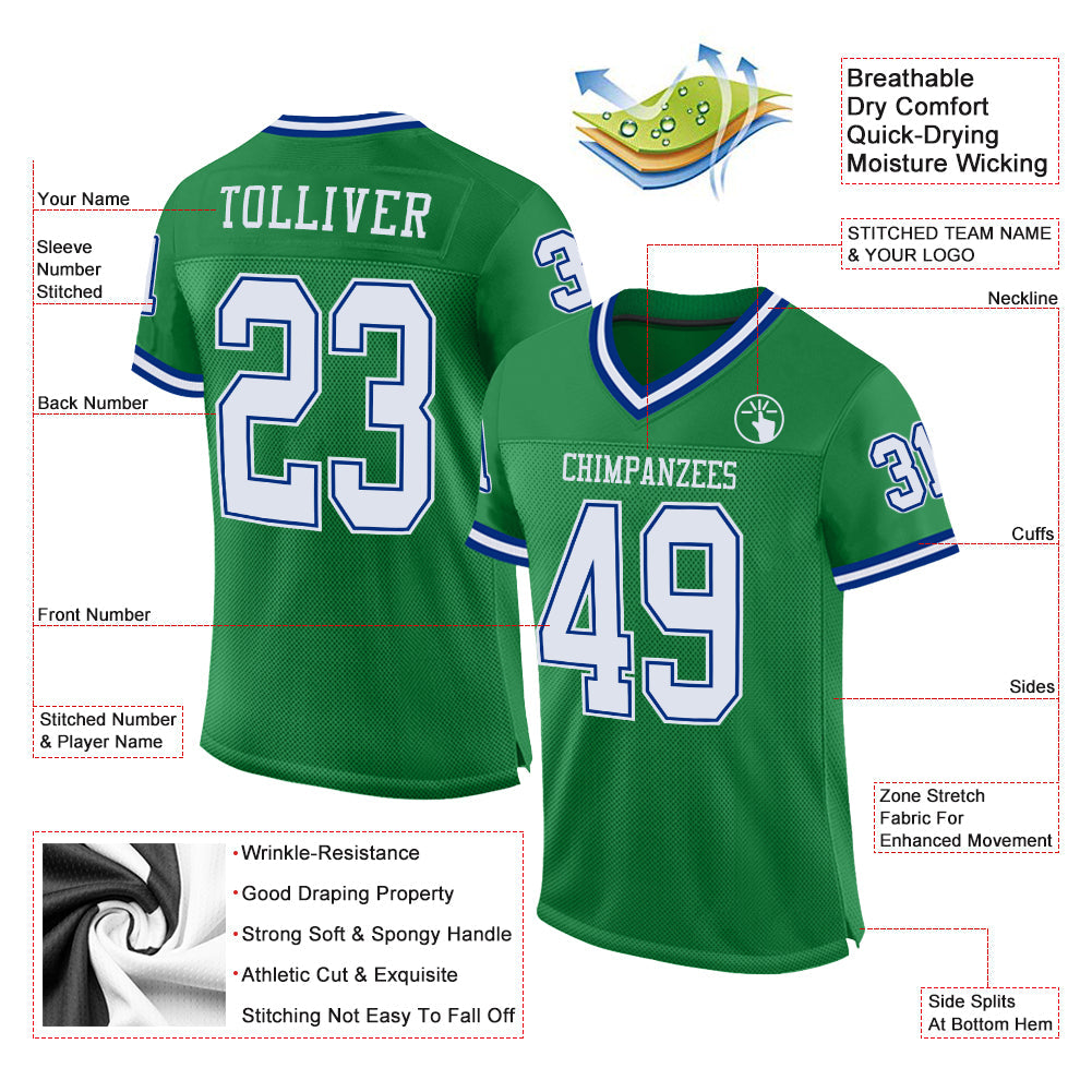 Custom Grass Green White-Royal Mesh Authentic Throwback Football Jersey view 2