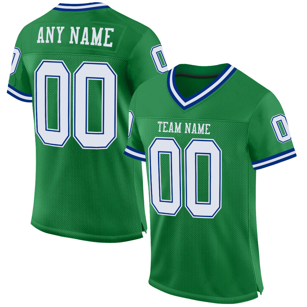 Custom Grass Green White-Royal Mesh Authentic Throwback Football Jersey - Main View