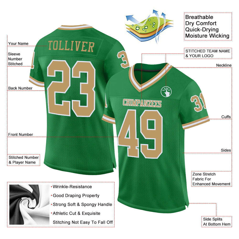 Custom Grass Green Old Gold-White Mesh Authentic Throwback Football Jersey view 2