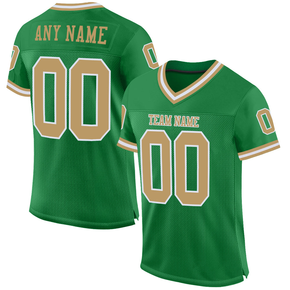Custom Grass Green Old Gold-White Mesh Authentic Throwback Football Jersey - Main View