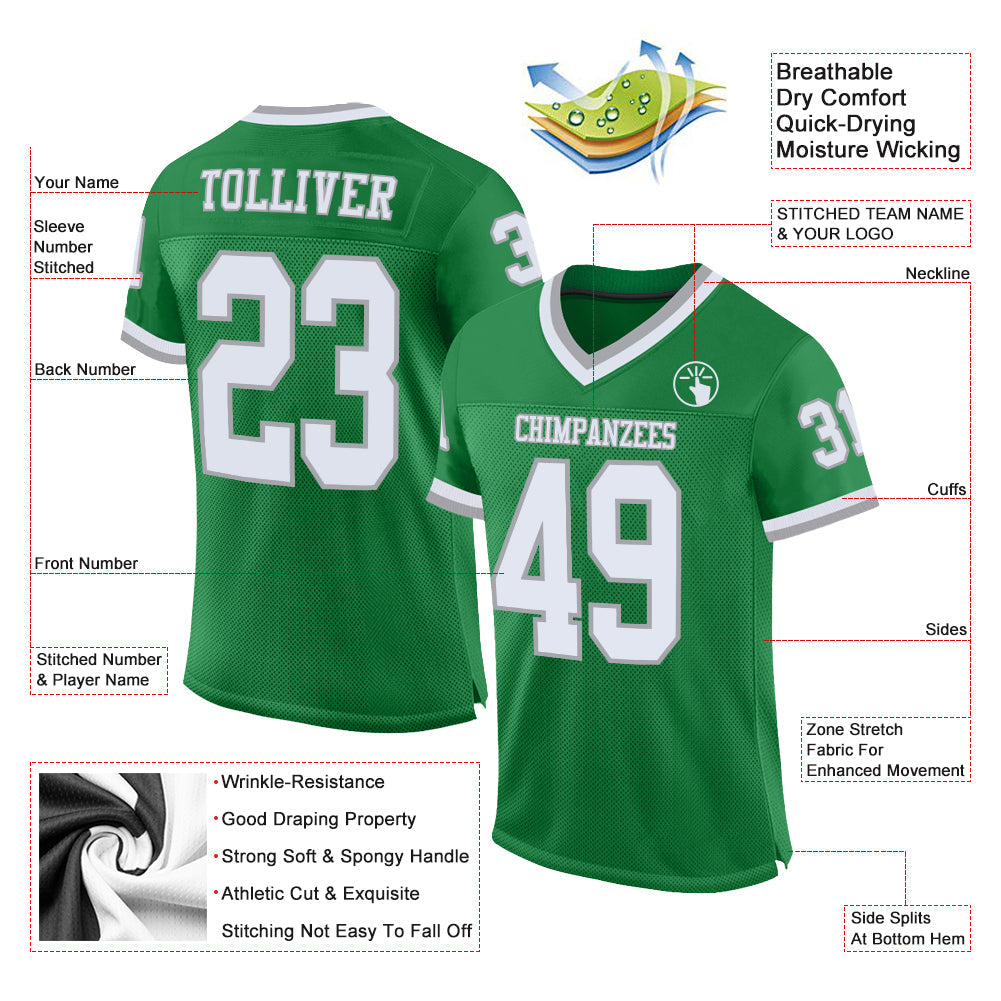 Custom Grass Green White-Gray Mesh Authentic Throwback Football Jersey view 2