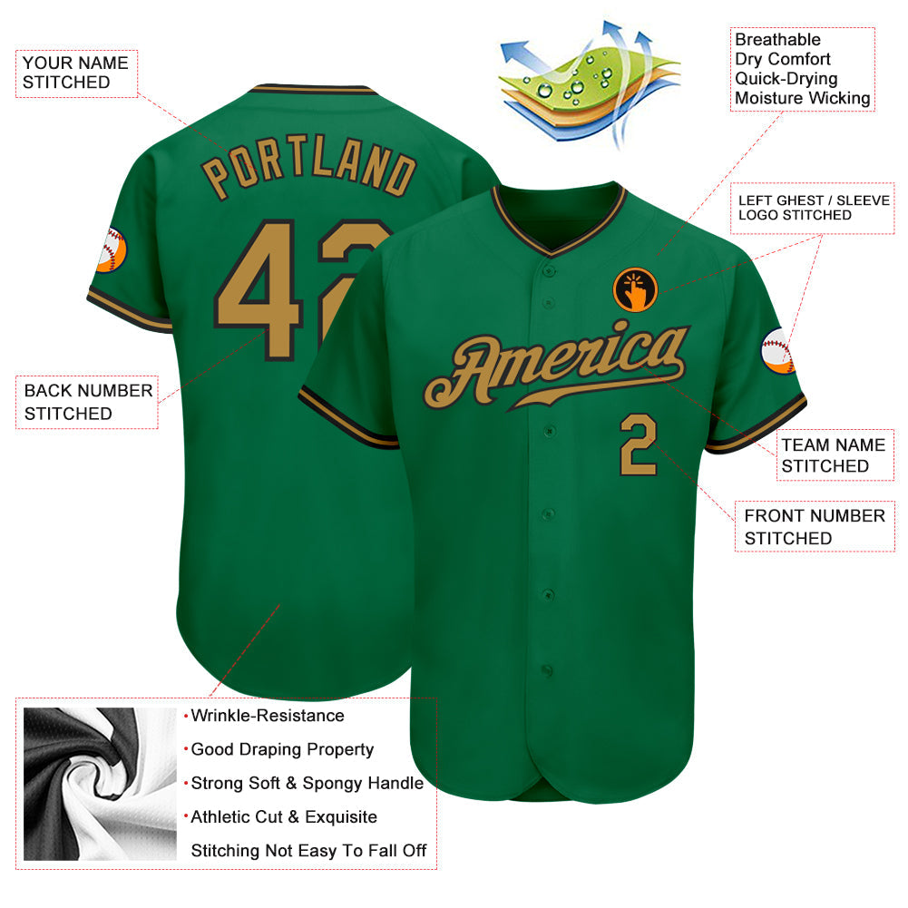 Custom Kelly Green Old Gold-Black Authentic Baseball Jersey view 3