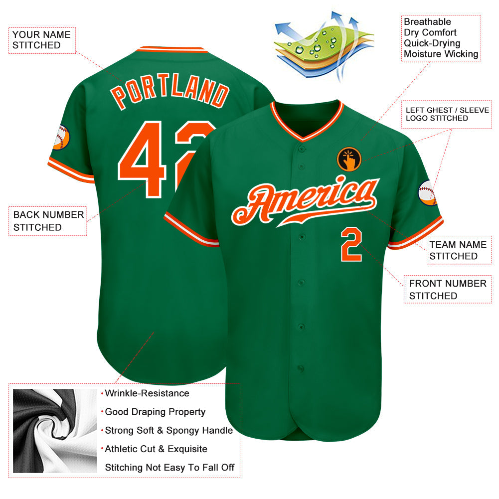 Custom Kelly Green Orange-White Authentic Baseball Jersey view 3