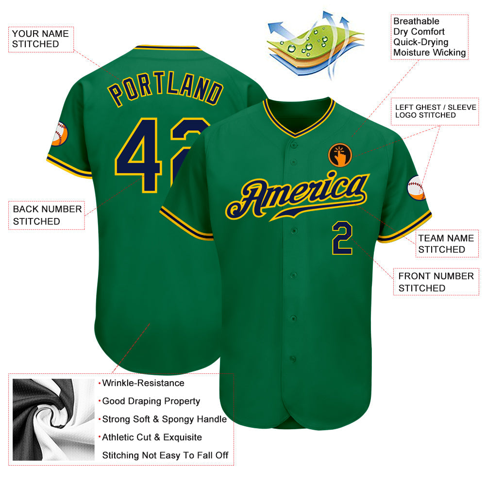 Custom Kelly Green Navy-Gold Authentic Baseball Jersey view 3