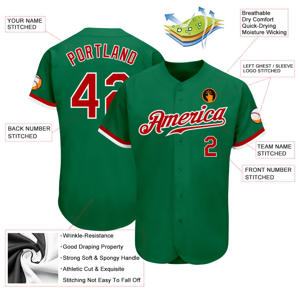 Custom Kelly Green Red-White Authentic Baseball Jersey view 3