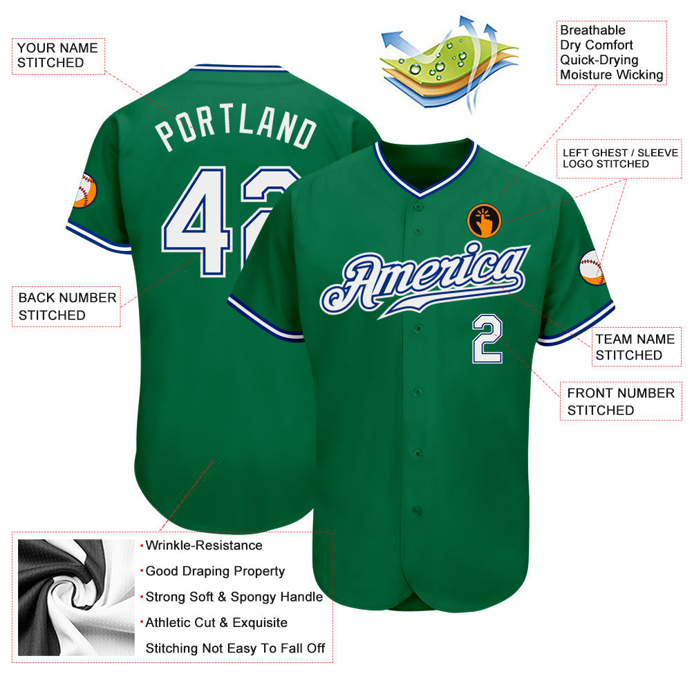Custom Kelly Green White-Royal Authentic Baseball Jersey view 3