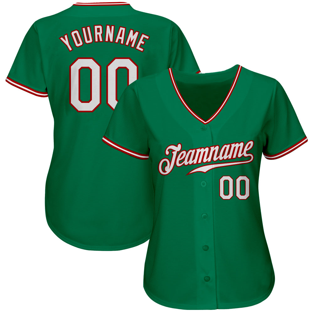 Custom Kelly Green White-Red Authentic Baseball Jersey view 2