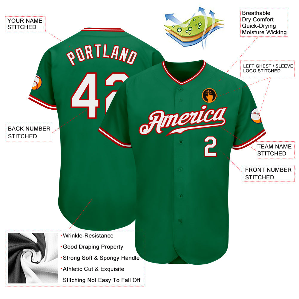 Custom Kelly Green White-Red Authentic Baseball Jersey view 3
