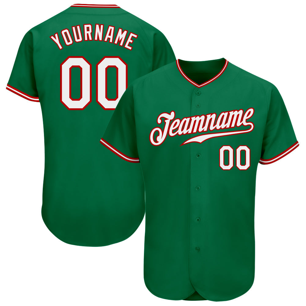 Custom Kelly Green White-Red Authentic Baseball Jersey - Main View