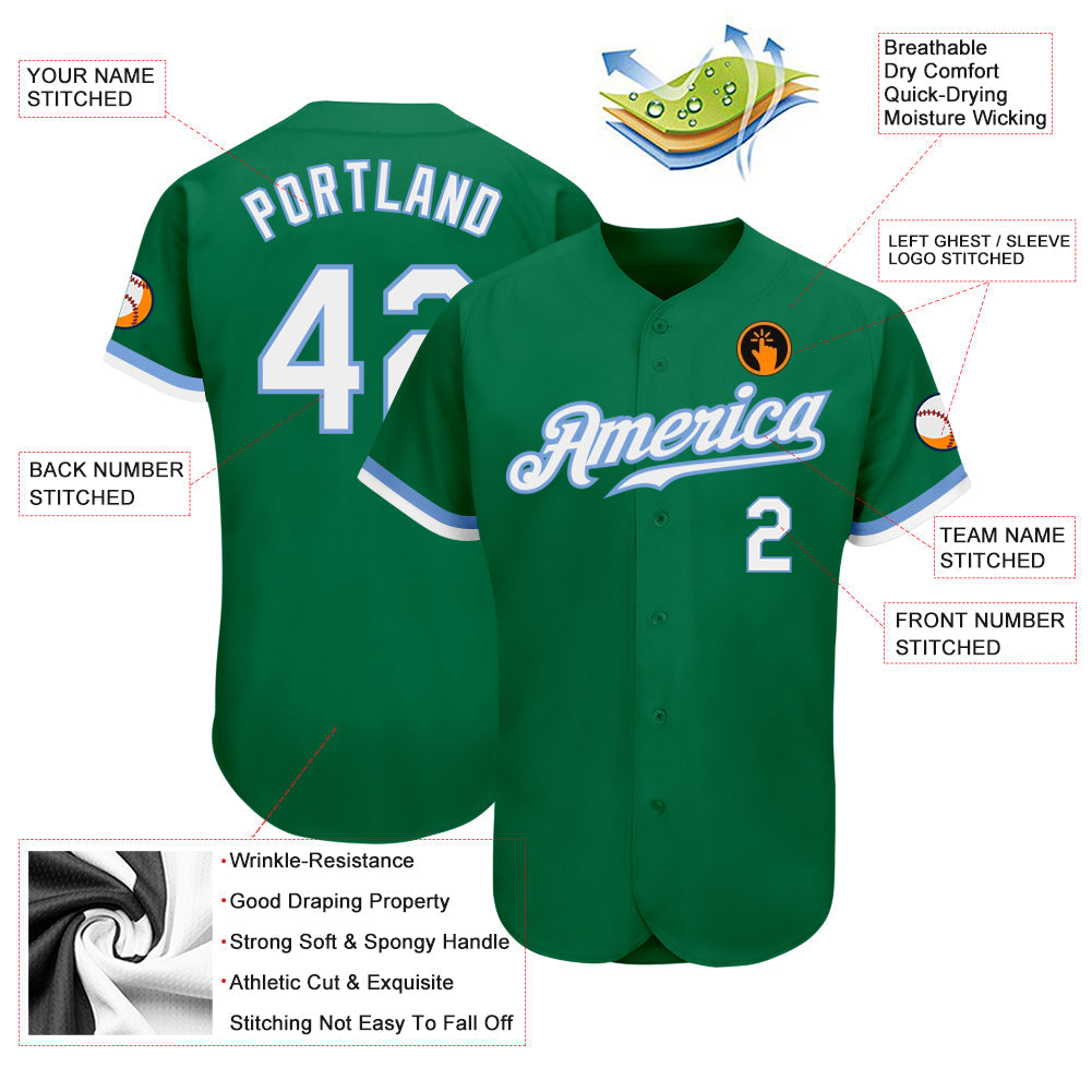 Custom Kelly Green White-Light Blue Authentic Baseball Jersey view 3
